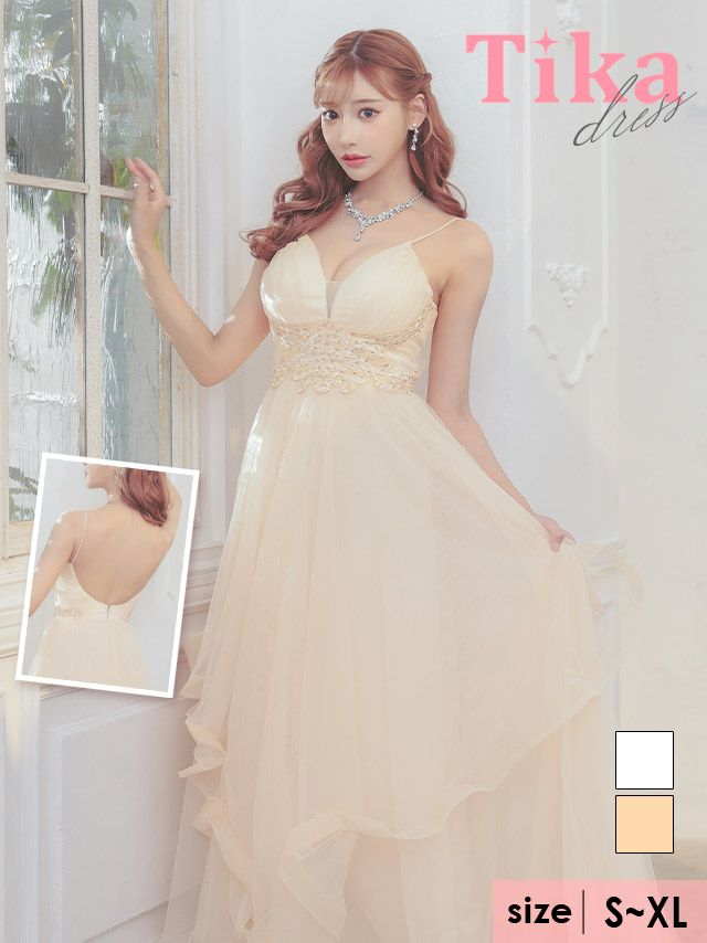 キャバドレス ロング丈 マキシ丈 フレア バースデー 大きいサイズ Tika ティカ シアーキャミソールエレガントビジュー刺繍ボリュームチュールAラインロングドレス