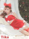 コスプレ サンタ ミニ丈 サンタクロース クリスマス Tika ティカ サンタコス 3点set パール付きショルダーウエストカットアウト裾フリルガーリーミニベロアサンタコスプレ