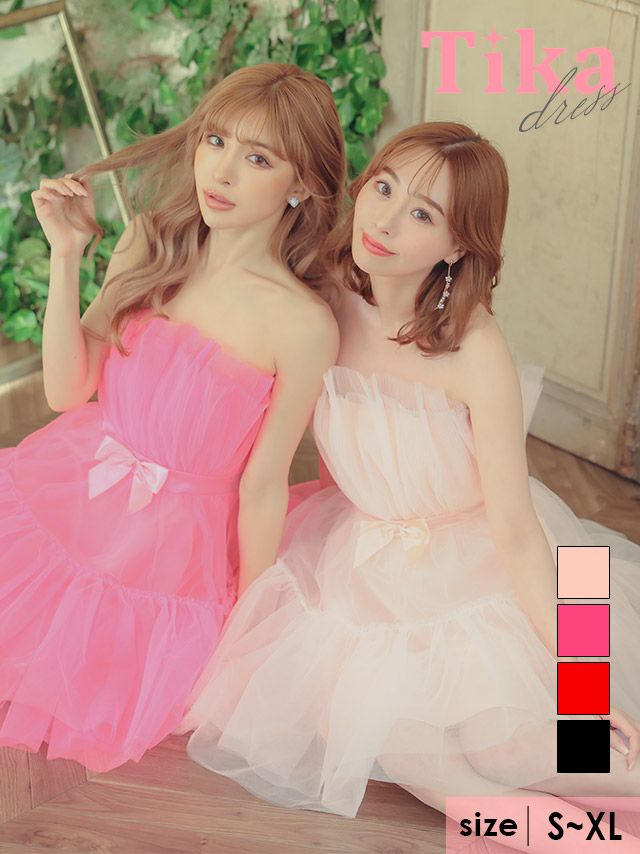 キャバドレス ミニ丈 Aライン 大きいサイズ Tika ティカ ウエストリボン付きふわふわフォンベアフレアミニドレス