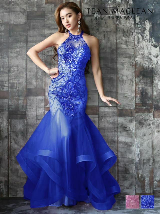 JEANMACLEAN ジャンマクレーン 高級刺繍レースビジューホルターネックチュールマーメイドトロングドレス