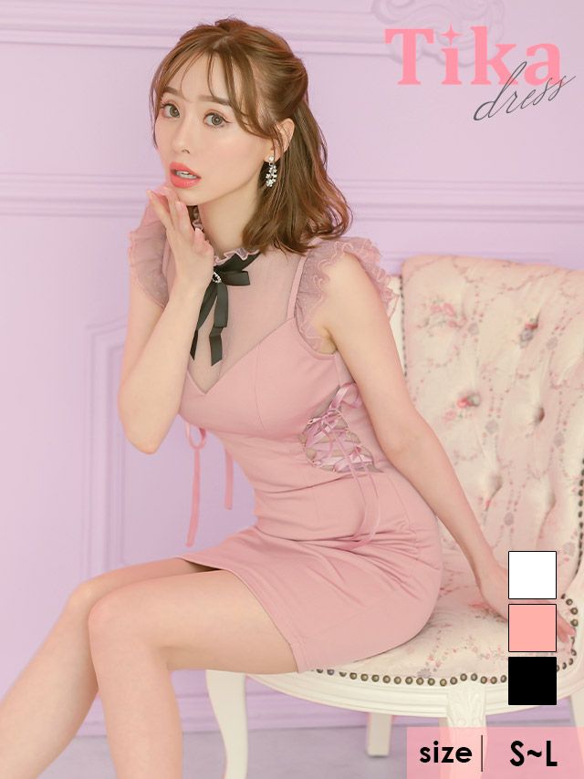 キャバドレス ミニ丈 大きいサイズ キャバクラ Tika ティカ リボンビジューブローチ付きノースリーブフリル袖ドットチュール切替くびれスピンドルストレッチタイトミニドレス