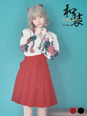 [コスプレ] レトロ花ミニ丈体型カバー和装袴 [3点セット] (トップス/袴/リボン2本)