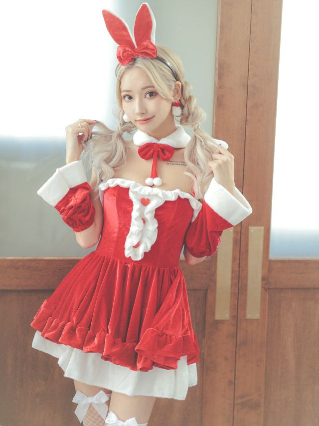 サンタコス 6点set ラブリーフリルリボンバニーフレアスカートアニマルサンタコスプレ [ワンピース+チョーカー＋カチューシャ+アームウォーマー＋インナースカート＋しっぽ]