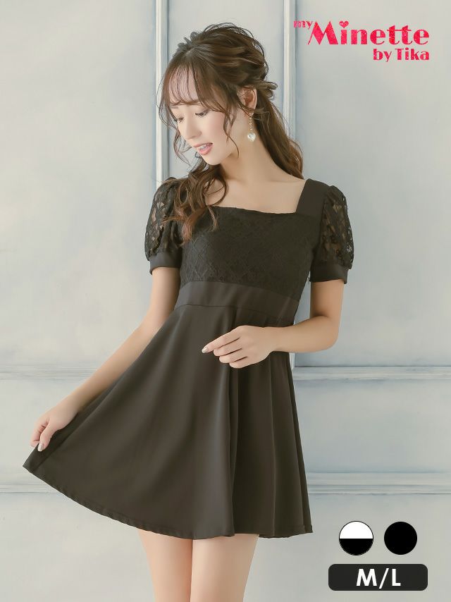 半袖レースパフスリーブハイウエスト切替フレアミニドレス