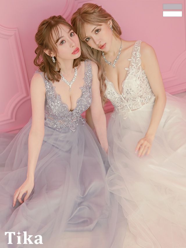 キャバドレス ロング丈 マキシ丈 Aライン イベント バースデー Tika ティカ ノースリーブシアーエレガント刺繍ビジューゴージャスチュールAラインロングドレス