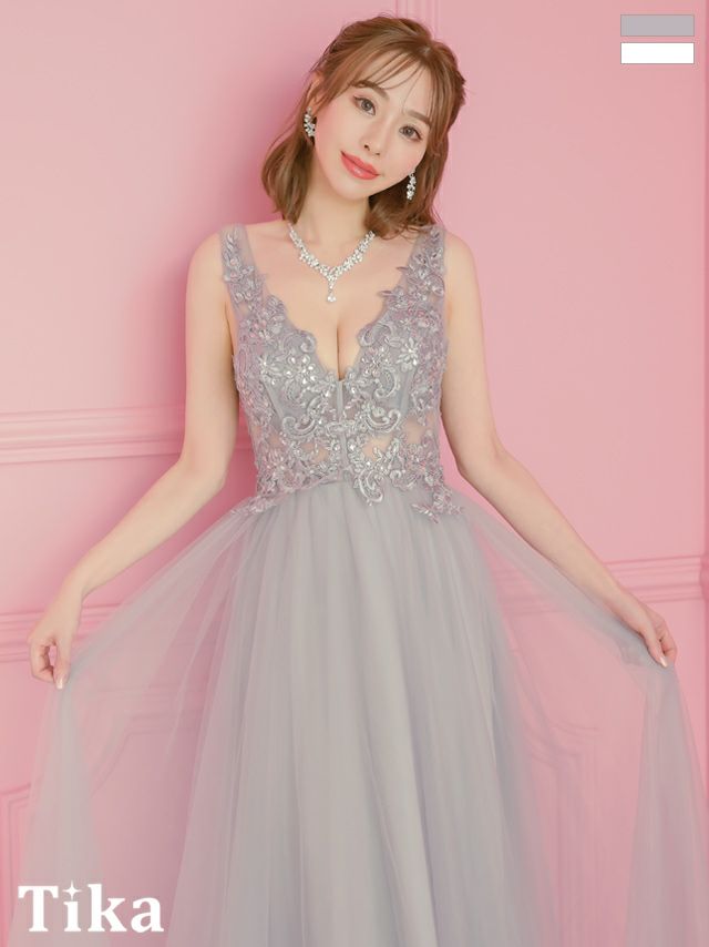 キャバドレス ロング丈 大きいサイズ バースデー Aライン イベント Tika ティカ シアーフラワー刺繍ビジューノースリーブふわふわチュールAラインロングドレス