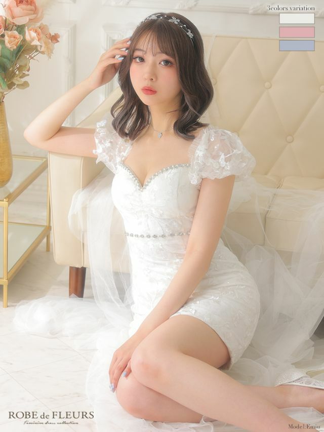 ROBEdeFLEURS ローブドフルール 高級パールスパンコールフラワー刺繍レース袖ありミニドレス