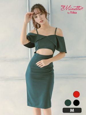 肩あき フリル袖 ウエストカット タイト膝丈...