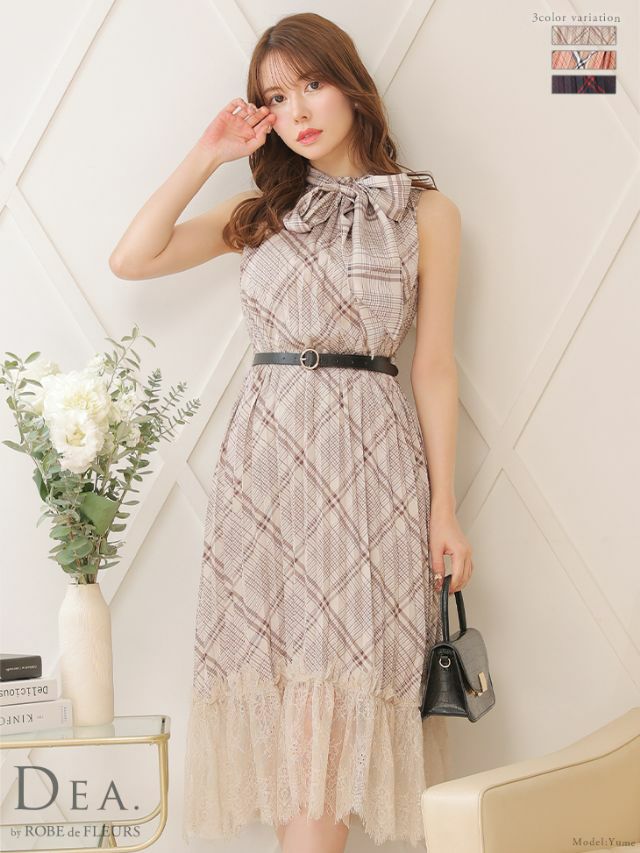 キャバドレス ミニドレス [SALE]DEA.byROBEdeFLEURS ディアバイローブドフルール 高級チェック柄プリーツレースウエストベルトワンピースノースリーブ膝丈ドレス