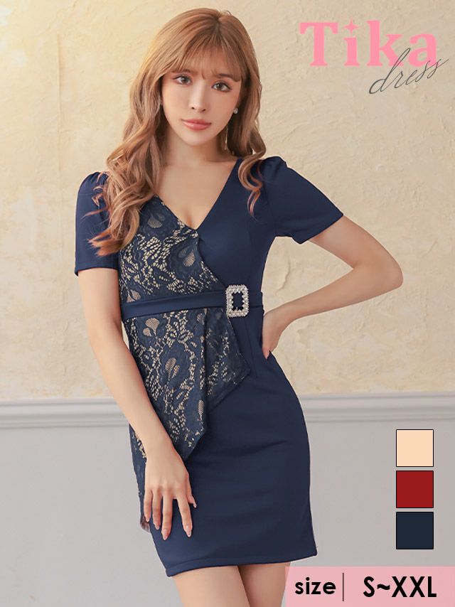 キャバドレス ミニ丈　大きいサイズ キャバクラ クラブ Tika ティカ 半袖Vネックアシンメトリーレースペプラムキラキラデコレーションベルト付きタイトミニドレス