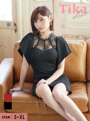 ハイネックフラワーレース切替半袖ペタルスリー...