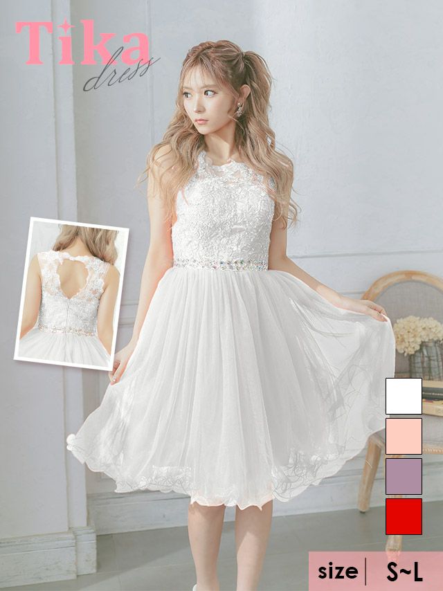 キャバドレス ミニ丈 Aライン イベント バースデー Tika ティカ ノースリーブバックハートカットアウトフラワー刺繍ウエストビジュー切替チュールフレアミニドレス