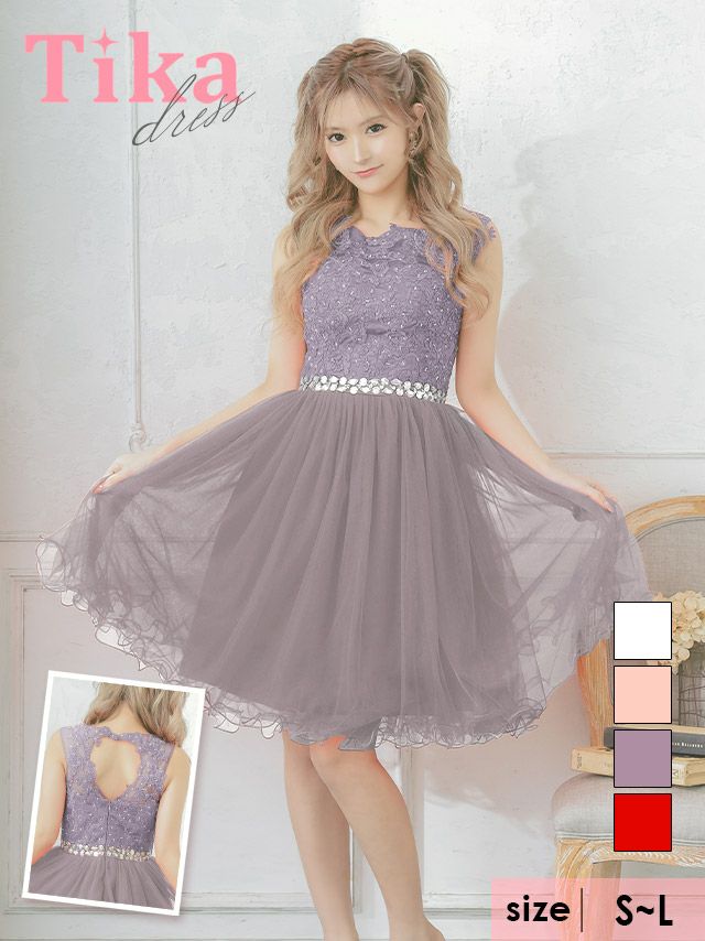 キャバドレス ミニ丈 Aライン Tika ティカ ノースリーブフラワーモチーフレースバックハートカットアウトウエストキラキラビジューライン切替ゴージャスチュールフレアミニドレス