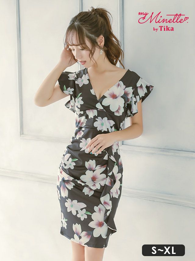 カシュクールネックフリル袖フラワープリントギャザー膝丈タイトプチプラドレス