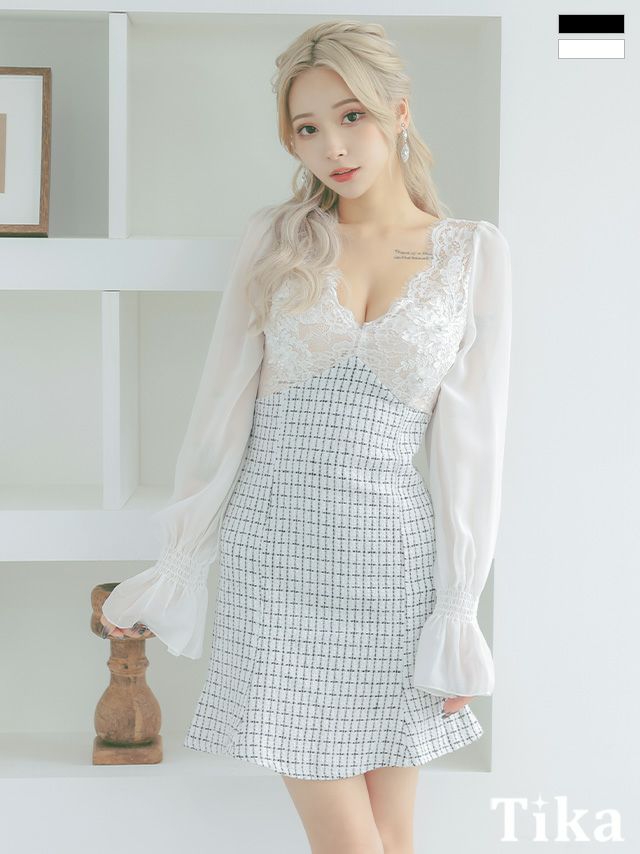 キャバドレス ミニ丈 大きいサイズ 袖あり Tika ティカ 長袖シフォンパフスリーブフラワーレースドッキングツイードチェック柄裾フリルタイトミニドレス