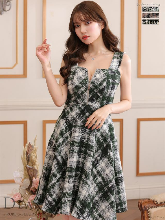 DEA.byROBEdeFLEURS ディアバイローブドフルール 高級フロントジップウエスト切替ツイードワンピースノースリーブフレア膝丈ドレス