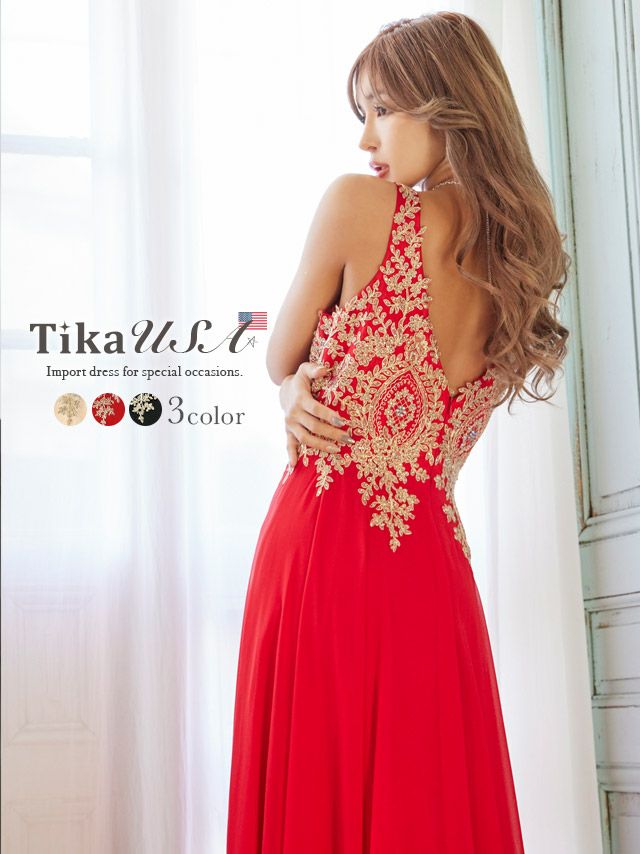 LA直輸入 ノースリーブクラシカル刺繍ビジュードレープシフォンロングバースデードレス (Mサイズ～XXXLサイズ) (ゆんころ キャバドレス着用)