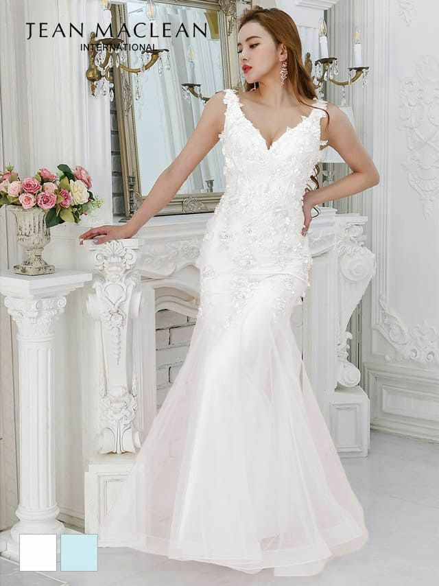 JEANMACLEAN ジャンマクレーン 高級立体フラワーモチーフ刺繍デザインチュール切替マーメイドノースリーブロングドレス