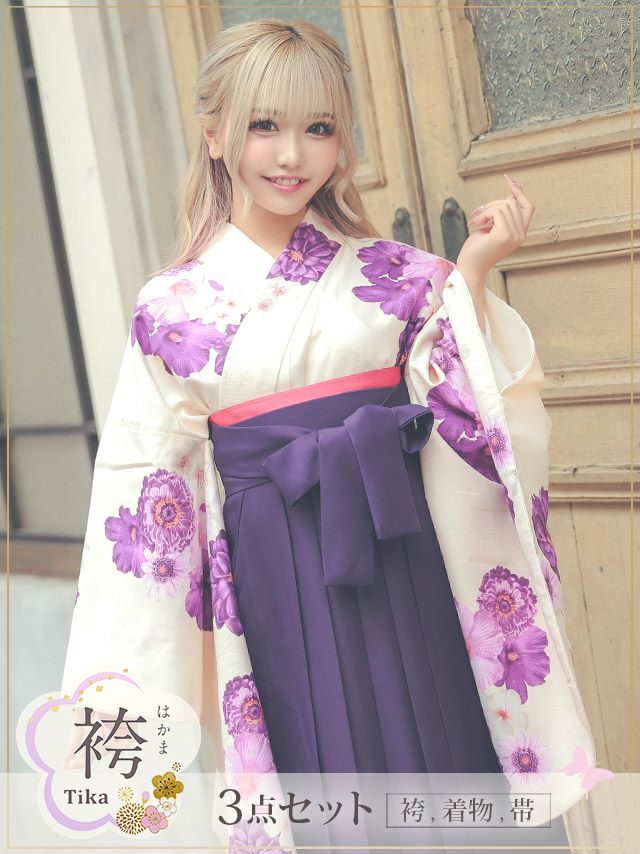 袴] ピンク地に水彩調フラワーはかま3点セット (二尺+帯+袴) (りせり着用)