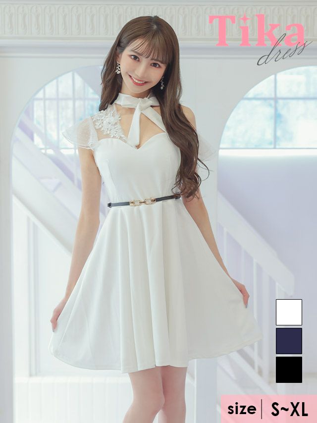 キャバドレス ミニ丈 Aライン 大きいサイズ Tika ティカ ネックリボンワンショルダー風チュールバストカットデザインウエストベルト付きフレアミニドレス