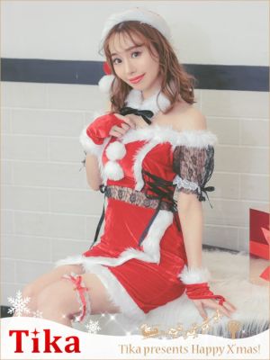 コスプレ サンタ 衣装 クリスマス 仮装 パーティー イベント Tika ティカ サンタコス 6点set 2Wayオフショルブラックレース切替レースアップラップタイトサンタコスプレ