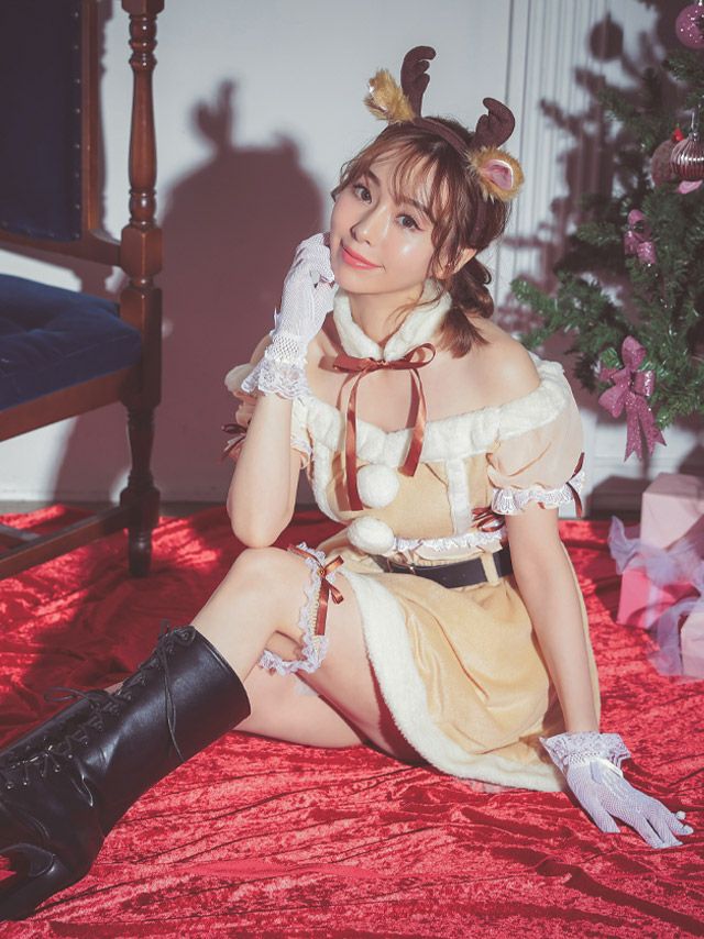 サンタコス 7点set セパレートフレアスカートトナカイアニマルサンタコスプレ [カチューシャ+付け襟＋トップス＋透明ストラップ＋スカート＋ベルト＋ガーターリング]
