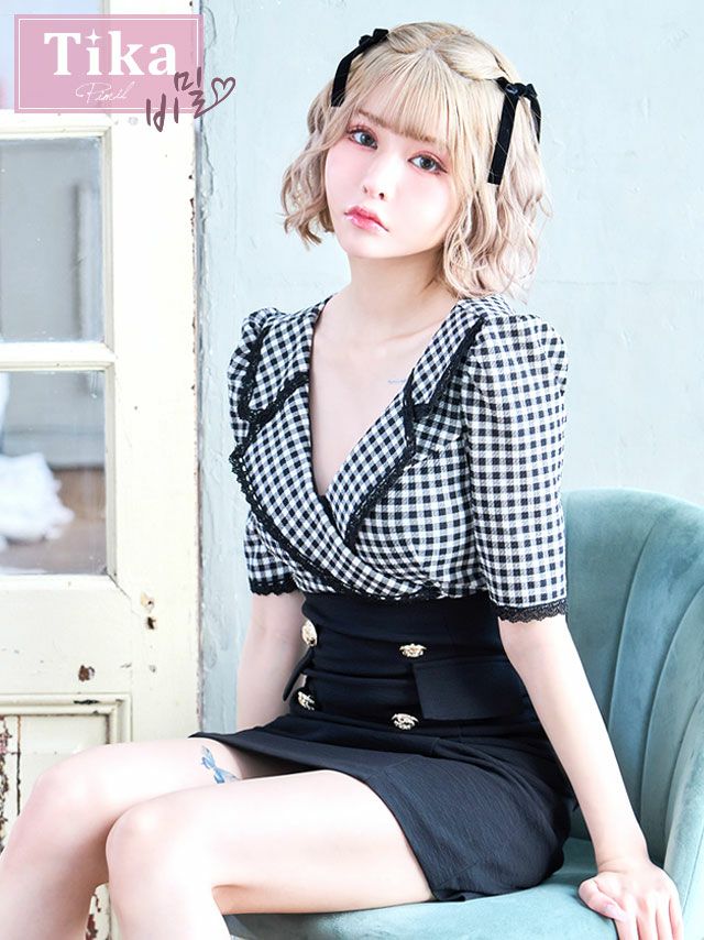 韓国ドレス] 袖ありギンガムチェック柄レーステーラードカラー