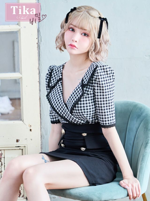 キャバドレス ミニ丈 韓国 大きいサイズ Tika ティカ 袖ありギンガムチェック柄レーステーラードカラーガーリースタイルタイトミニドレス