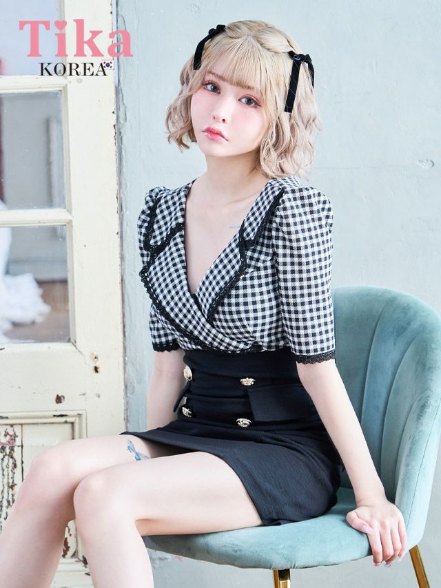キャバドレス ミニ丈 韓国 大きいサイズ Tika ティカ 袖ありギンガムチェック柄レーステーラードカラーガーリースタイルタイトミニドレス