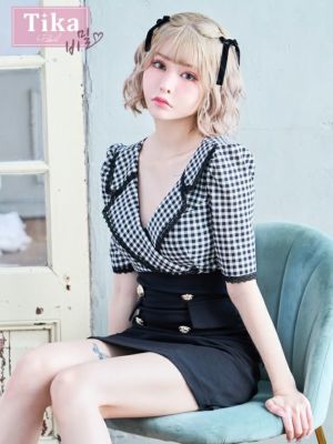 [韓国ドレス] 袖あり ギンガムチェック柄 レース 襟付き テーラード 五部袖 タイトミニドレス (Sサイズ～Lサイズ) (戦慄かなの/キャバドレス着用) [TikaPimil]