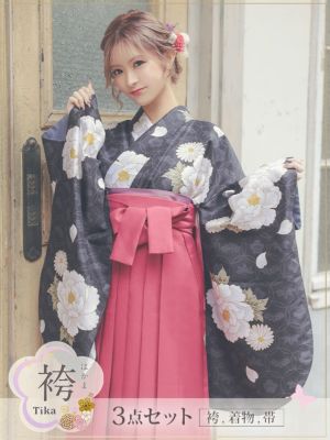 [袴] 黒地に七宝×華やか牡丹と菊はかま3点...