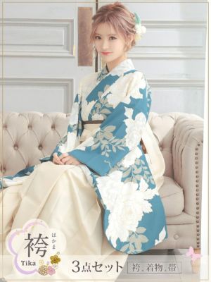 [袴] 青緑に華やか白牡丹はかま3点セット ...