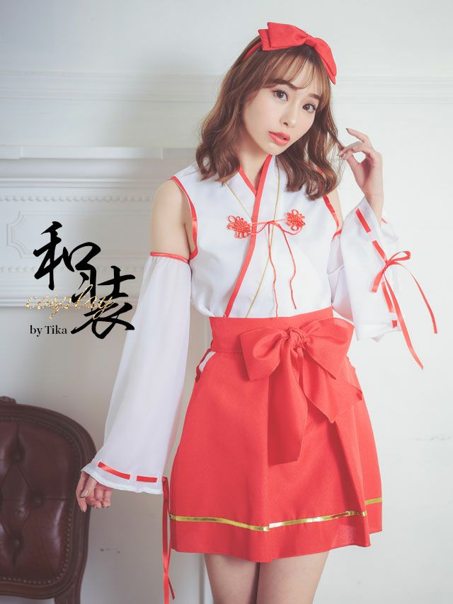 コスプレ 巫女 和装 神社 衣装 仮装 みこ コスチューム 4点set ミニ丈巫女ガール