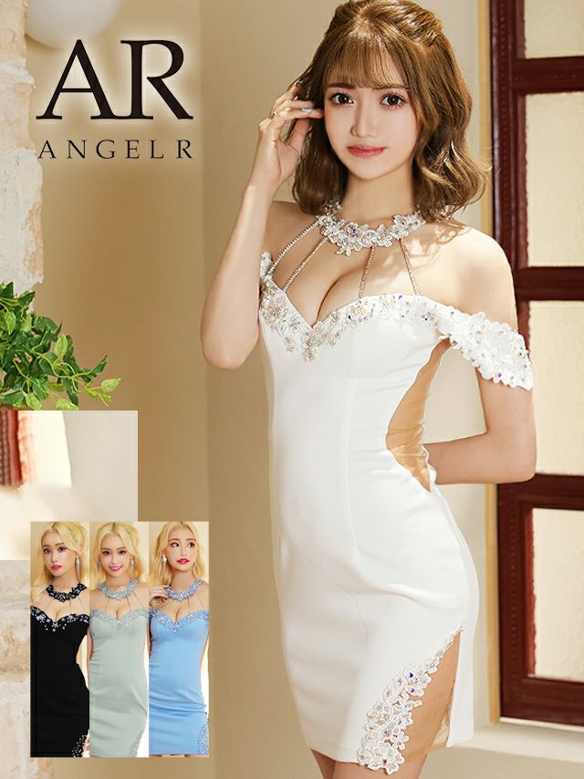 キャバドレス　ミニドレス　Angel-R エンジェルアール 高級ホルターネック風フラワー刺繍レースビジューくびれカットオフショルダーミニドレス