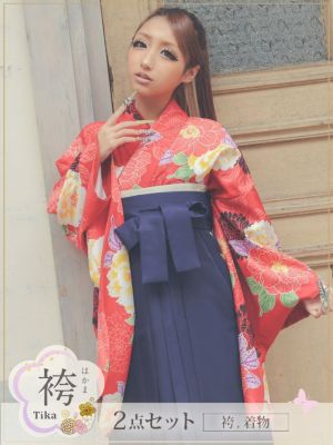 [袴] 赤地に大輪牡丹はかま2点セット (二...