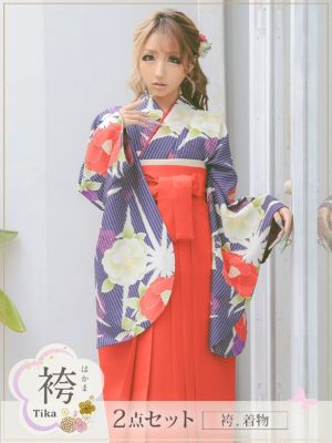 二次会におすすめ[袴] 破れ麻の葉に3色椿はかま2点セット (二尺+袴) (ももあ着用)