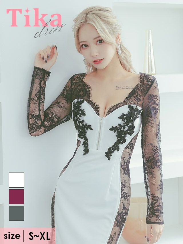キャバドレス ミニ丈 大きいサイズ 袖あり キャバクラ Tika ティカ 長袖スカラップレースフラワー刺繍バストジップストレッチタイトミニドレス