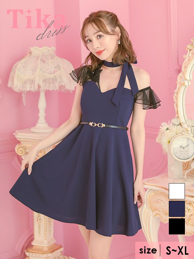 キャバドレス ミニ丈 Aライン 大きいサイズ Tika ティカ チュールフラワーワンショルダーフリル袖ネックリボンバストカットアウトウエストベルト付きフレアミニドレス