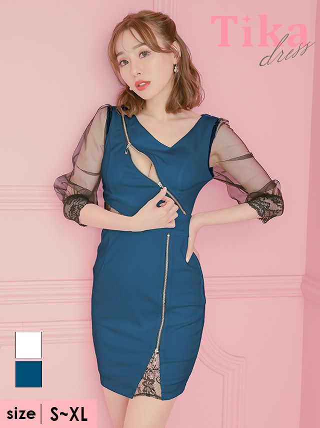 キャバドレス ミニ丈 大きいサイズ 七分袖 Tika ティカ 袖ありブラックシアーパフスリーブ切替ジップデザインタイトミニドレス