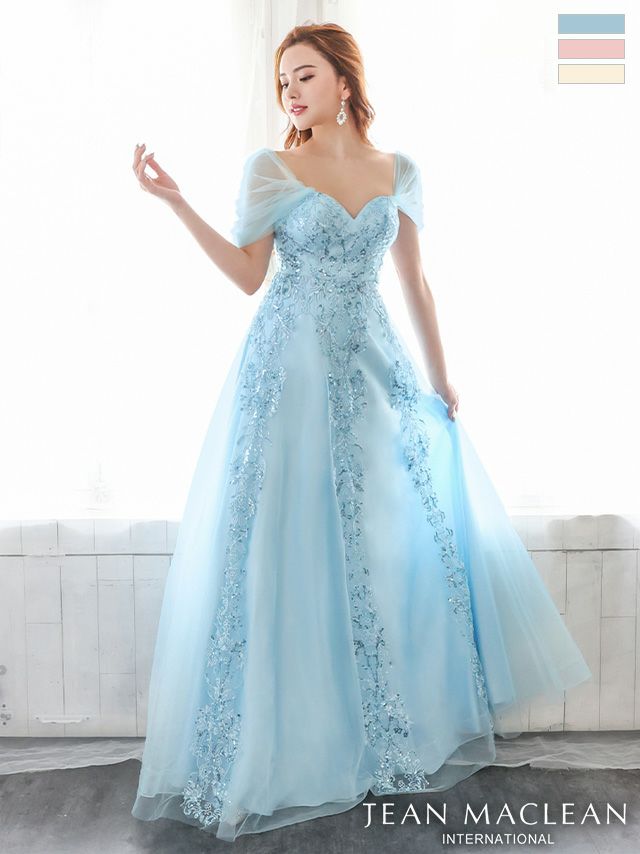 キャバドレス　ロングドレス　JEANMACLEAN ジャンマクレーン 高級チュールオフショルダー刺繍スパンコールレースバックスピンドルバースデーAラインロングドレス