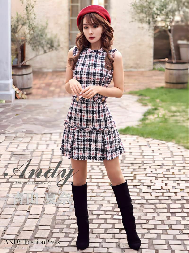 Andy アンディ 高級フリンジツイードノースリーブワンピースフレアミニドレス