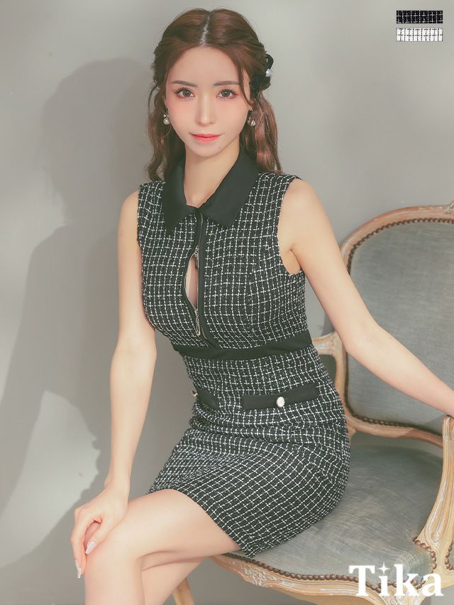 キャバドレス ミニ丈 大きいサイズ ワンピース キャバクラ Tika ティカ バストダブルジップ襟付きツイードチェック柄ノースリーブタイトミニドレス