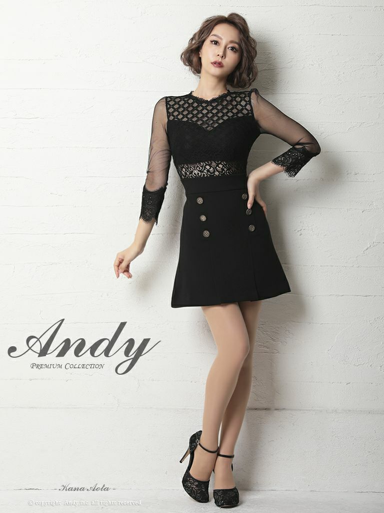 キャバドレス ミニドレス Andy アンディー 高級袖ありバイカラーくびれシアーレーススリーブフレアミニドレス