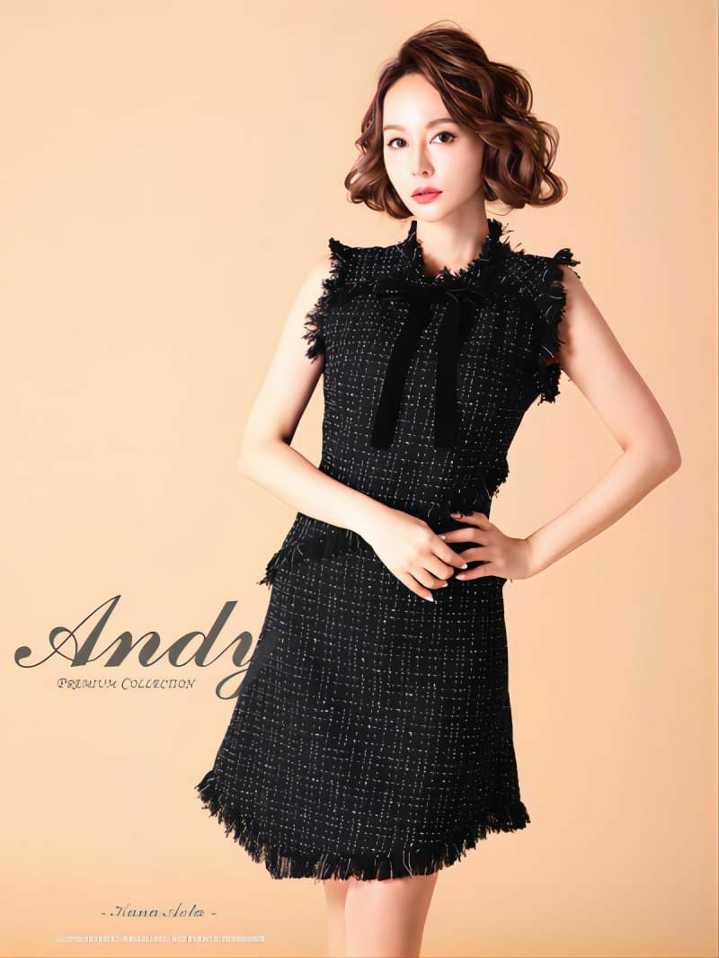 Andy アンディ 高級ネックリボンツイードフリンジアシメワンピースノースリーブタイトミニドレス