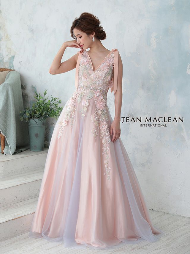 JEANMACLEAN ジャンマクレーン 高級立体フラワーモチーフバックスピンドルショルダーリボンチュールノースリーブフレアロングドレス