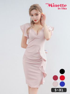 二次会におすすめ袖フリル カシュクールネック ワンカラー 半袖 タイト膝丈ドレス (Sサイズ～XLサイズ) (せいせい/キャバドレス着用) [myMinette/マイミネット]