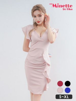 二次会におすすめ袖フリル カシュクールネック ワンカラー 半袖 タイト膝丈ドレス (Sサイズ～XLサイズ) (せいせい/キャバドレス着用) [myMinette/マイミネット]
