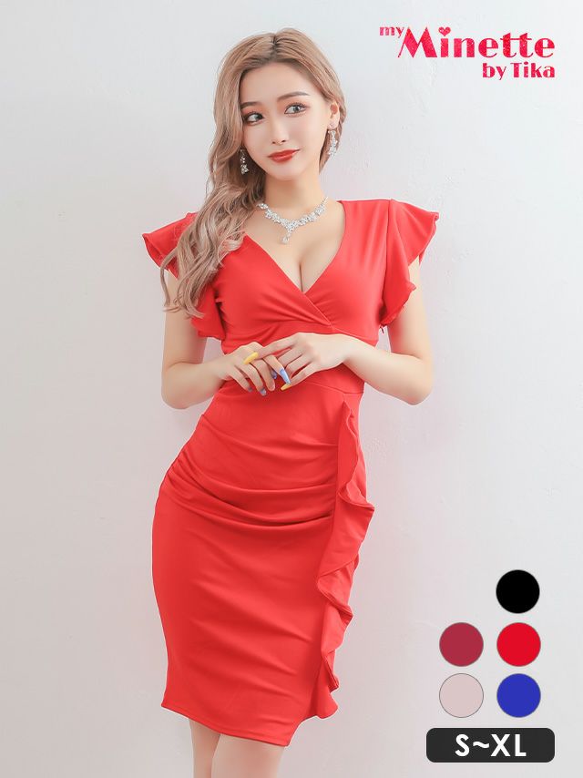 キャバドレス 激安 ミディアム丈 大きいサイズ Tika ティカ カシュクールネック袖フリルデザインワンカラー膝丈タイトプチプラドレスワンピース