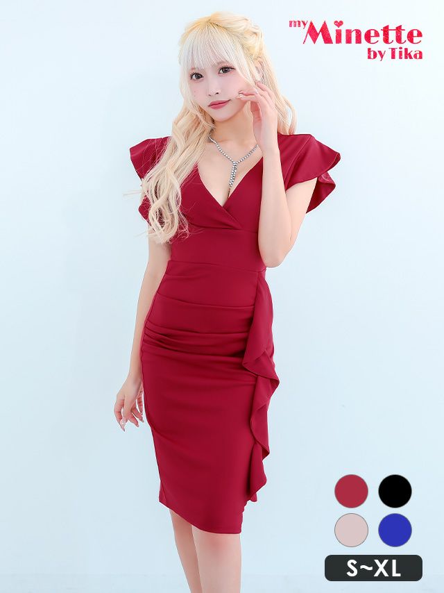 Vネック袖フリルデザインギャザー膝丈タイトプチプラドレス