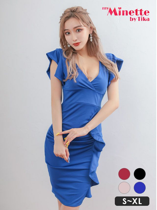 カシュクールネックフリル袖デザインギャザー入り膝丈タイトプチプラドレス